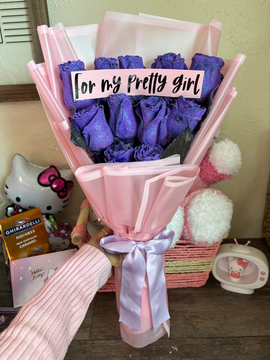 12 lavender glitter roses with customized phrase 💜