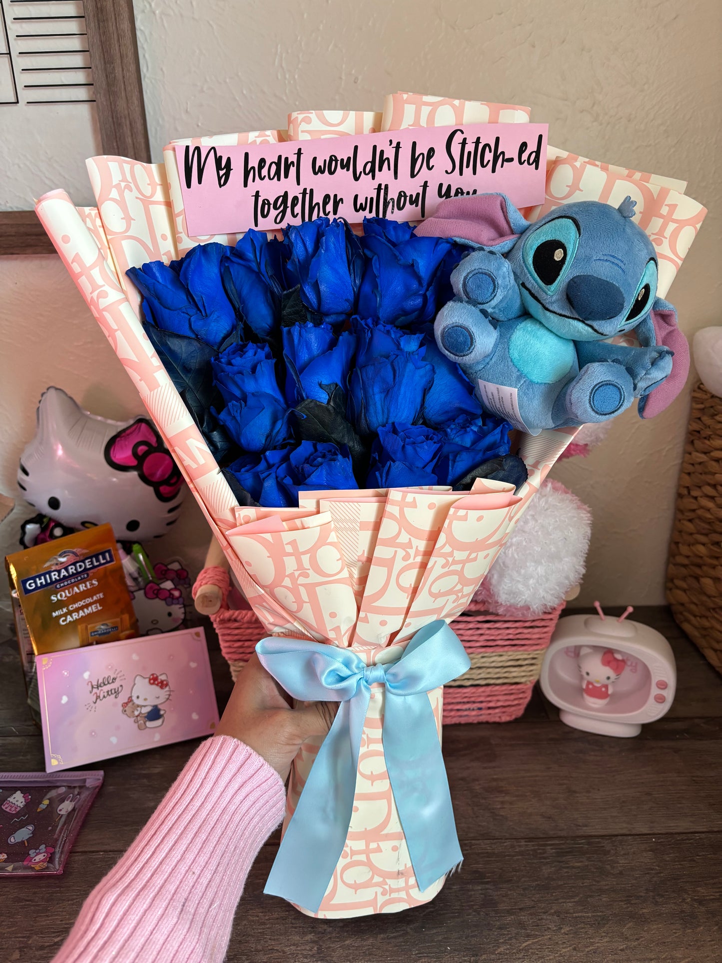 Royal blue roses + mini stitch plush + customized phrase