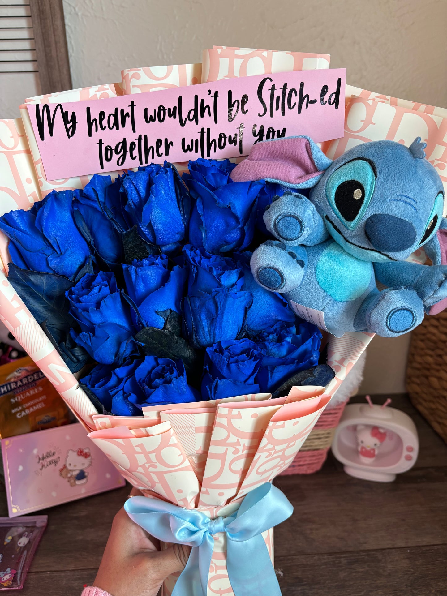 Royal blue roses + mini stitch plush + customized phrase