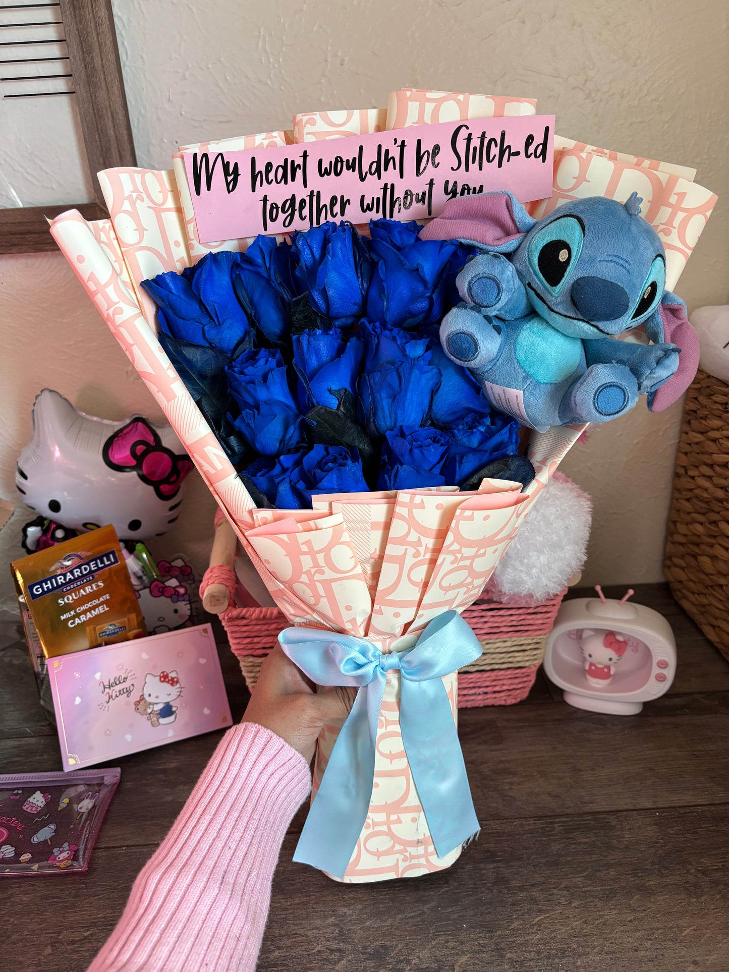 Royal blue roses + mini stitch plush + customized phrase